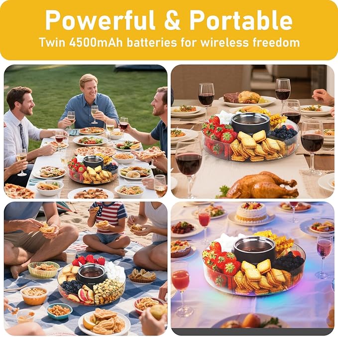 FEPPO Cordless Electric Fondue Pot Set with Mood Light, 2*4500mAh Rechargeable Battery Powered, 7 Game Cards & Detachable Taco Serving Tray, Melted Chocolate Cheese for Outdoor Indoor Parties Camping