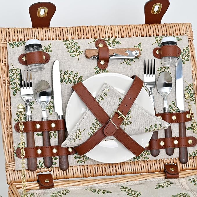 Picnic Basket with Blanket and Wine Pouch for 2, Wicker Picnic Set with Insulated Liner Cooler Bag Hamper for Camping,Wedding - Leaf