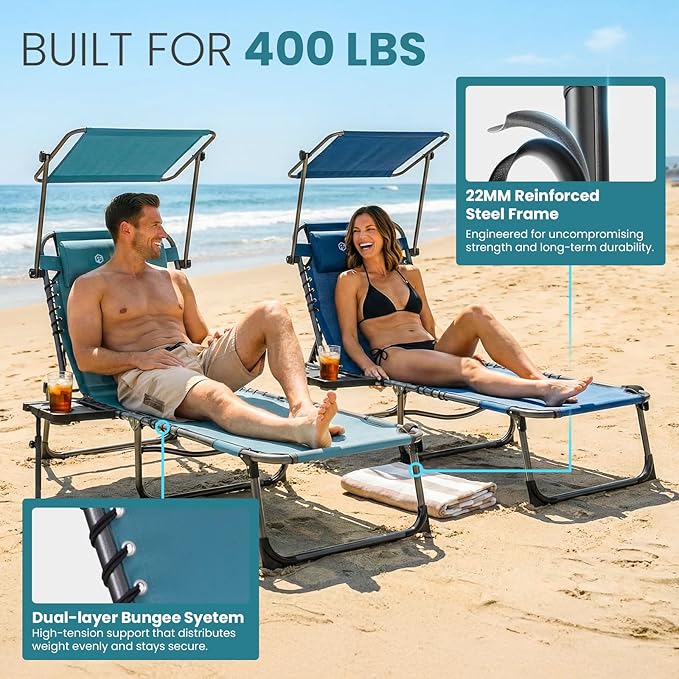 FUNDANGO 4 in 1 Tanning Chair with Face Hole & Canopy Shade, 400lbs Beach Lounge Chair with Side Table Chaise Lounge Chairs for Patio, Pool, Lawn, Sunbathing, 5-Position Adjustable Sun Lounger,Cyan