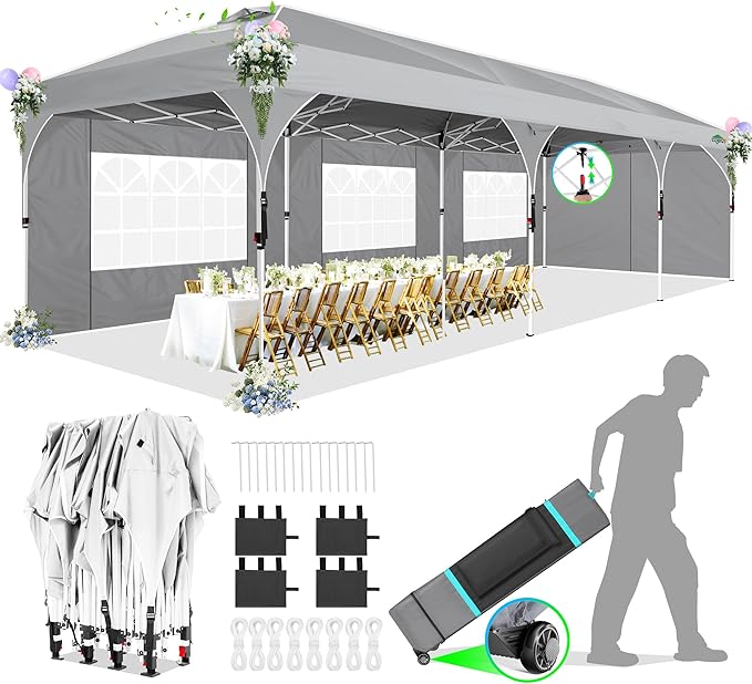 COBIZI 10x30 Party Tent: 10x30 Pop Up Canopy with Wheeled Bag - Tents for Parties with Patented Center-Lock Tech, 420D Waterproof Fabric, Easy Setup Canopy Tent with Removable Sidewalls, (Gray)