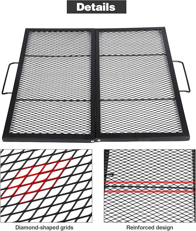 Lineslife 36 Inch Square Fire Pit Cooking Grill Grates, Folding Outdoor Campfire BBQ Grill Rack with Handles, Portable Outside Camping Gear Cookware and Accessory