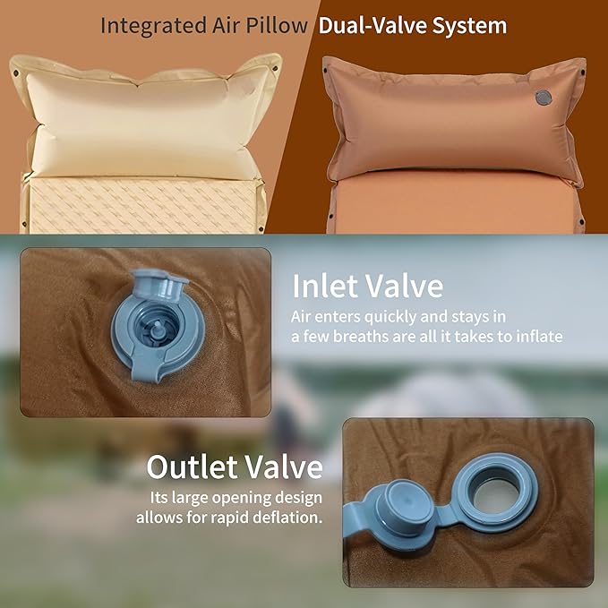 Self-Inflating Camping Mat - 1.2"/2" Thick Portable Air Mattress with Pillow for Outdoor, Hiking & Travel (Offwhite 1.2" for Single)
