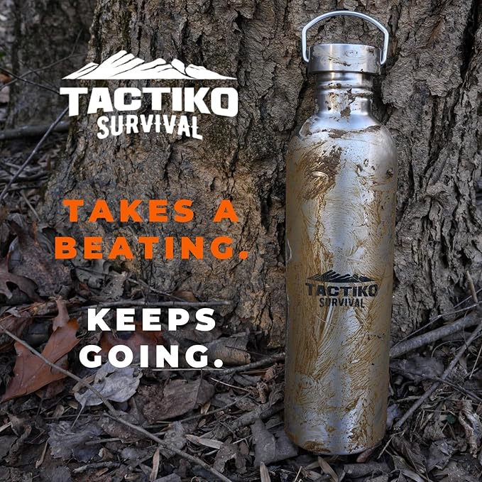 Tactiko Survival 51 oz/1500 ml Stainless Steel Wide Mouth Water Bottle, Single Wall Boil-Safe, Leakproof, BPA-Free with Carry Sleeve and Strap for Camping, Hiking, Outdoor Prep (Black)