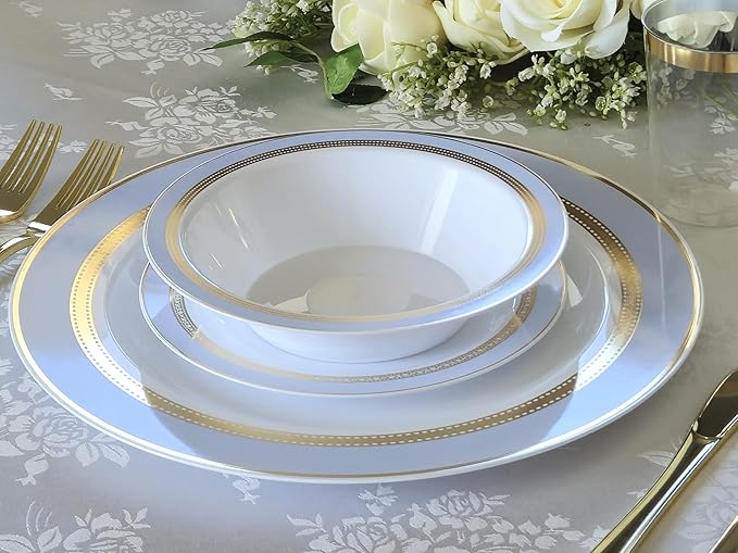 OCCASIONS 50 Blue Plastic Plates (25 Guests) - Heavyweight Disposable Set with Gold Rim - 25 x 10.5" Dinner + 25 x 7.5" Salad/Dessert for Weddings & Parties - Ritz Blue and Gold
