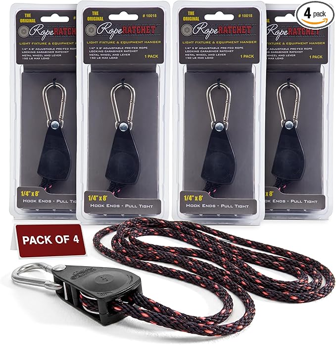 Rope Ratchet 1/4" Metal Rope Tie Down with Adjustable 8' Solid Braided Polypropylene Rope, Heavy Duty Cable Holds Up to 110 lbs Weight Capacity
