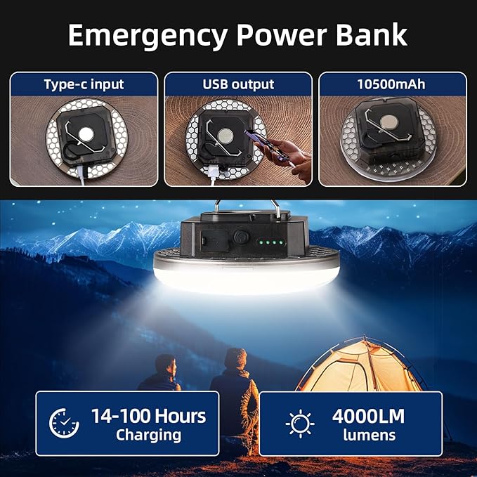 Rechargeable Camping Tent Light 12000mAh 45W 4000Lumen Battery Operated LED Lights IPX5 Waterproof Portable Lamp for Power Outages Outdoor Emergency Home Use