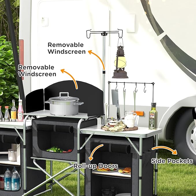 Outsunny Camping Kitchen Table, Portable Folding Camp Kitchen, Aluminum Cook Station with 3 Fabric Cupboards, Windshield, Carrying Bag for BBQ, RV, Picnic, Black