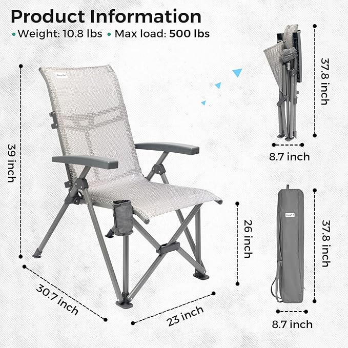 SUNNYFEEL Folding Camping Chair Outdoor Reclining Adjustable 3 Position Heavy Duty Adults 500 LBS Capacity with Hard Armrests & Cup Holder, Blue Ergonomic Chairs for Outdoor, Camp, Beach, Travel, RV