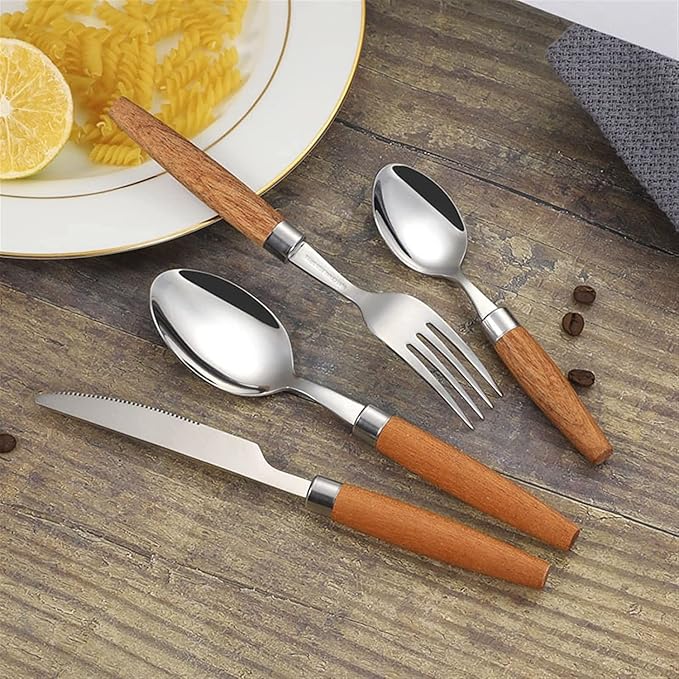 Cutlery set Japanese Flatware Sets Cutlery Sets Stainless Steel Wood Handle Knife Fork Spoon Mixed Cutlery Sets Western Tableware Dinnerware Cutlery Set Camping Travel Picnic Flatware Supplies
