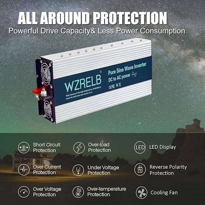 WZRELB 3500W Pure Sine Wave Inverter 12V DC to 110V 120V AC Power Converter with LED Display, Hardwire Terminal,Off-Grid Portable Power Inverter with Dual AC Outlets for Home, RV, Truck, Camping