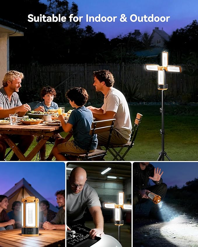 CORESLUX Rechargeable Camping Lights with Stand, 6000K Portable Work Light with 4 LED Lamp Heads, Magnetic Work Light Camping Essentials for Outdoor Work, Garage, Camping, Fishing, 2 PACK