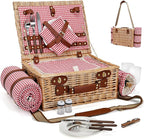 Picnic Basket with Blanket and Wine Pouch for 2, Wicker Picnic Set with Insulated Liner Cooler Bag Hamper for Camping,Wedding - Red Gingham