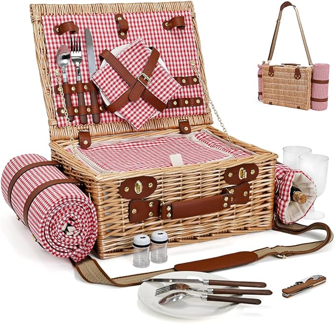 Picnic Basket with Blanket and Wine Pouch for 2, Wicker Picnic Set with Insulated Liner Cooler Bag Hamper for Camping,Wedding - Red Gingham