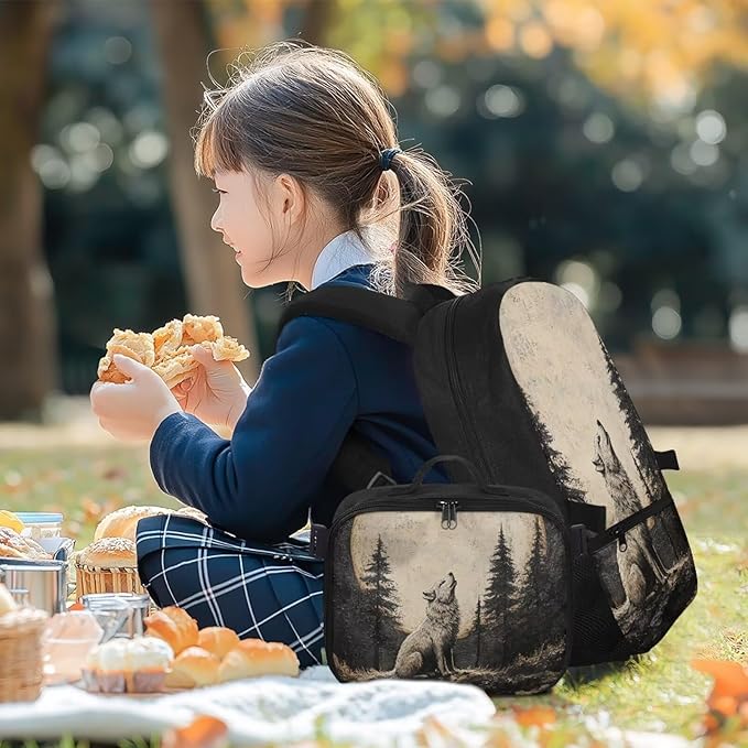 Wolf Backpack for Men Lightweight Bookbag with Lunch Box Large Capacity Daypack with Detachable Lunch Bag for Travel Outdoor Casual Daypack