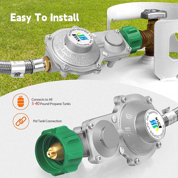 GasSaf 5FT 2 Stage Propane Regulator with Hose, Stainless Steels Dual-Stage Propane Regulator for RV, Generator, Camp Stove, Gas Grill, and Heater - CSA Certified
