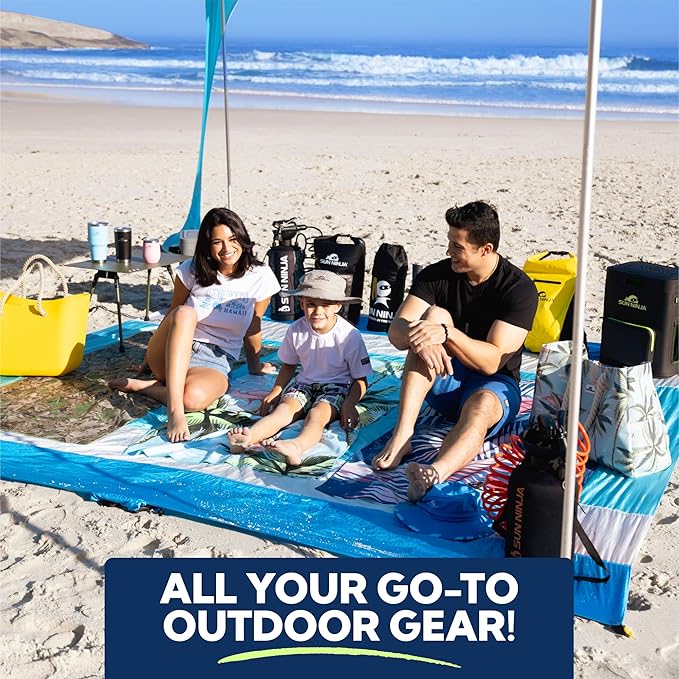 Sun Ninja Beach Tent Sun Shelter UPF50+ - Easy Pop Up Beach Canopy - Outdoor Shade for Camping Trips, Fishing, Backyard Fun Picnics - Sand Shovel, Ground Pegs & Stability Poles