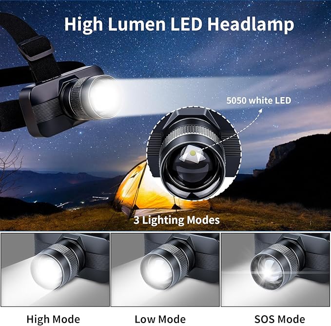 KunHe 40PACK 333LM Aluminum Alloy Headlamp 1800mAh Rechargeable with Zoomable 150M Long Beam IP65 Waterproof 3 Modes High Low Strobe for Outdoor Camping Construction Work Emergency
