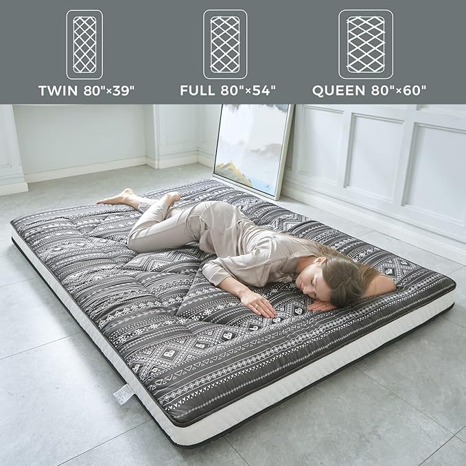 Japanese Floor Futon Mattress - Thicken Sleeping Foldable & Portable Roll up Camping Mattress, Bohemia Black Twin