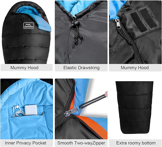 KAMPKEEPER Mummy Sleeping Bag, Cold Weather Camping Sleeping Bag, 32℉ 3-4 Seasons Adults Sleeping Bag, Non-Snag Zipper with Adjustable Hood for Backpacking, Hiking