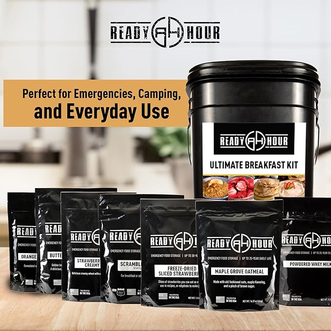 Ready Hour Breakfast Bucket (128 Servings), Emergency Food Supply, Emergency Food Kit, 25-Year Shelf Life Food, Survival Food Buckets, Long-Lasting Food Supply, Flood-Safe Container