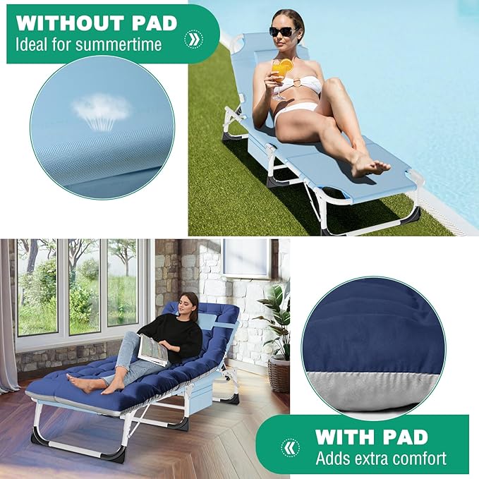 LILYPELLE 3in1 Sun Tanning Chair with Mattress, Heavy Duty Lounger Chairs with Face Arm Hole, Removable Pillow, Outside Chaise Lounge Chair for Sunbathing, Patio, Poolside, Lawn, Beach