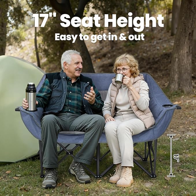 Double Camping Chair for Adults - Heavy Duty Folding Loveseat Support 700 lbs, 2 Person Padded Camping Couch Portable with Cup Holders & Storage Bag for Camping, Lawn, Sports, Blue