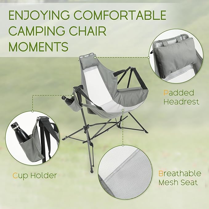 Hammock Folding Camping Chair - Outdoor Portable Swing Camp Chairs Set of 2 with Stand Adults Rocking Swinging Chair for Beach Lawn Patio (Grey)