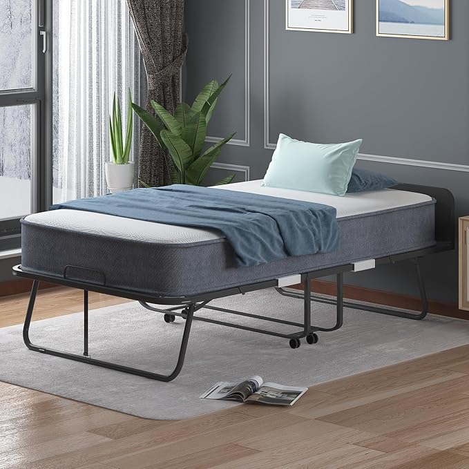 BALUS Rollaway Bed with Mattress for Adults, 75" x 46" Fold Up Bed with Headborad & Dustproof Bag, Space Saving Rollaway Beds for Guests, Foldable Sturdy Metal Frame for Bedroom/Apartment（Upgrade）