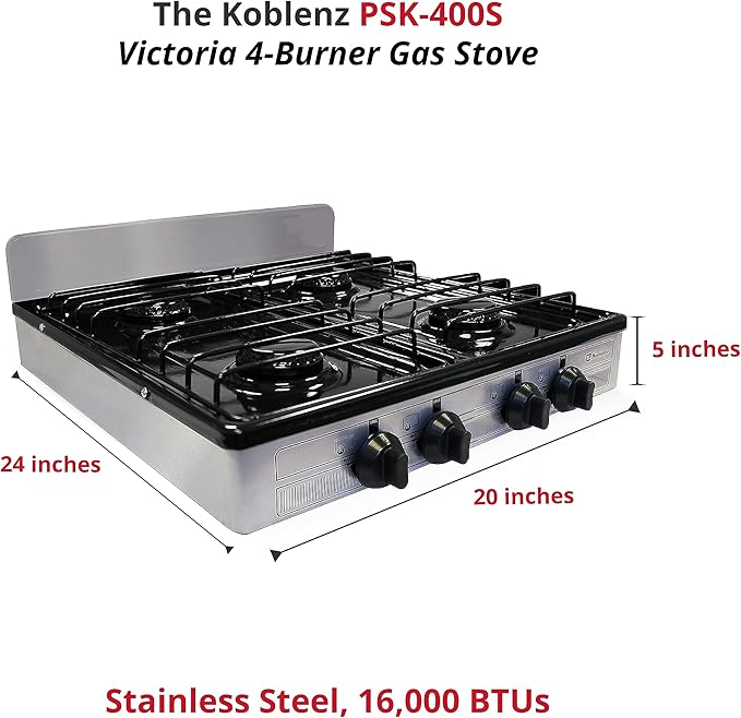 Koblenz PSK-400S 4 Portable Porcelain Cover and Four 16,000 BTU Burners, Stainless Steel Stove for Propane Gas, Silver