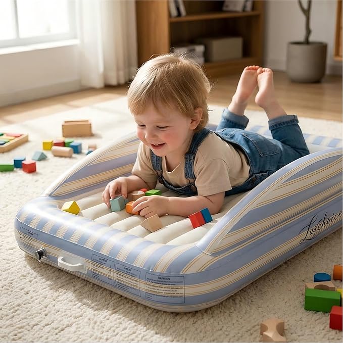 Inflatable Toddler Travel Bed with Cordless Rechargeable Air Pump – Comfy Removable Flocked Toddler Air Mattress & Safety Rails, Portable Kids Blow Up Bed for Home Camping Sleepover Vacation