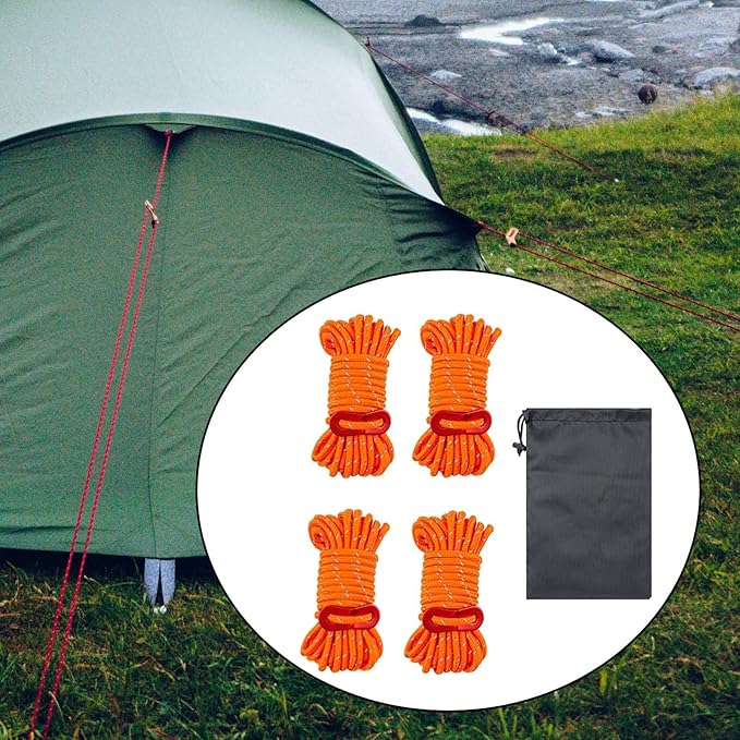 4 Pieces Tent Cords Reflective Guy Lines Heavy Duty Outdoor Climbing Ropes Lightweight Drawstring Bag Supplies for Hiking Travel Camping Backpacking S, Orange