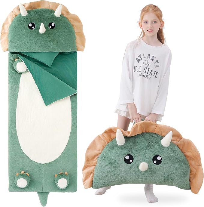 70" 4.2lbs Dinosaur Thickened Kids Nap Mat for Preschool, Daycare,Kindergarten,Soft Washable for Boys and Girls, 2-in-1 Stuffed Animals Sleeping Bag and Pillow, Sleep Sack for Toddlers