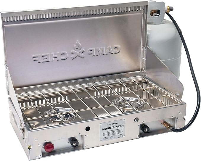 Camp Chef Mountaineer 2-Burner Camp Stove - Portable Aluminum Cooktop with 40,000 Total BTUs of Power, Wind Screen & Matchless Ignition