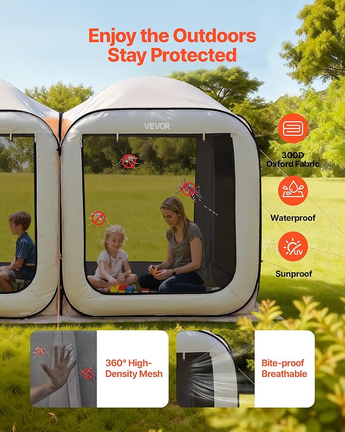 VEVOR 12x6ft 2-in-1 Pop-Up Screen House Tent, Dual Room Screen Gazebo, Portable Screened Canopy with Carry Bag, Netting Sides & Ground Stakes for Garden, Patio, Backyard & Outdoor Activities, Beige