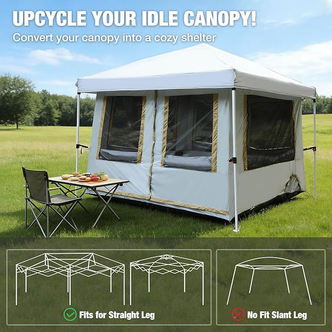 REDCAMP Canopy Camping Tent for Pop Up Canopy, Inner Tent with Mesh Window, Converts Straight Leg 10ft Canopy into Camping Shelter, Fits 4-6 Person, Khaki White(Frame/Shelter NOT Included)