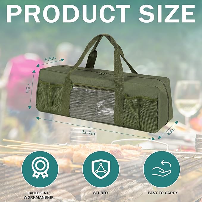 Grill Tool Storage Bag, Large Grill Utensil Storage Caddy with Pockets, BBQ Tools Storage Bag for Outdoor Camping (Green)