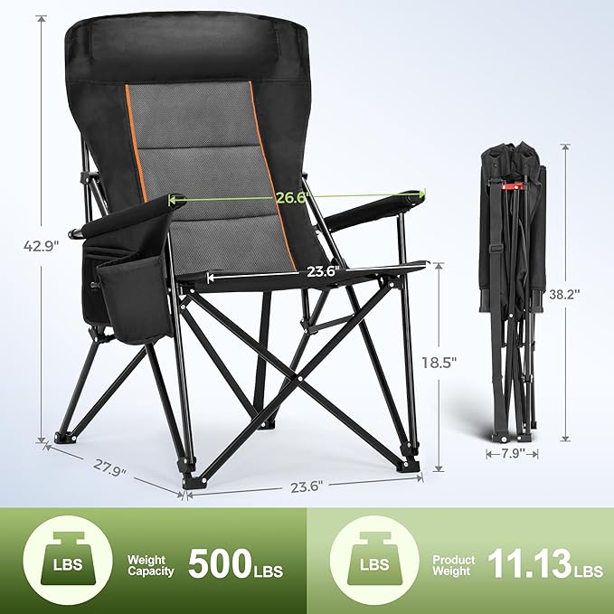 LET'S CAMP Oversized Camping Chairs 29.52" High Back Heavy Duty Lawn Chair Support 500LBS, Portable Collapsible Chair with Cup Holder, Side Pocket(Black)