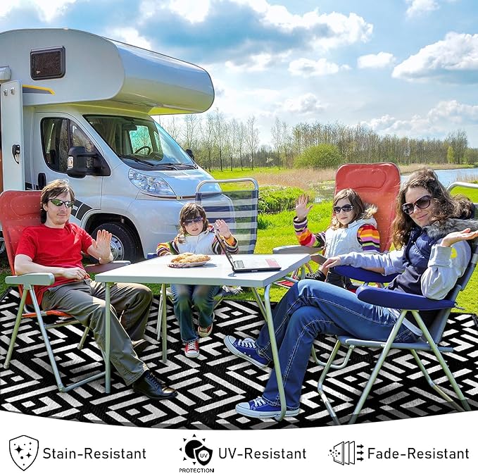 Outdoor Rug 6x9Ft, Solar Powered Outdoor Camping Rug with 94LEDs Strip Lights, Waterproof Plastic Reversible Outdoor Straw Rug, Rug Mat for RV Camping Patio Beach Balcony House Deck Picnic