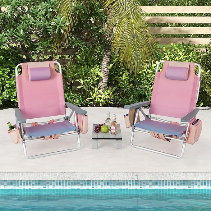 Goplus Beach Chair, Folding Backpack Beach Chairs for Adults with 5 Positions, Head Pillow, Cooler Bag, Towel Bar, Cup Holders, Sunbath Sling Tanning Lounge, Foldable Layout Camping Chairs