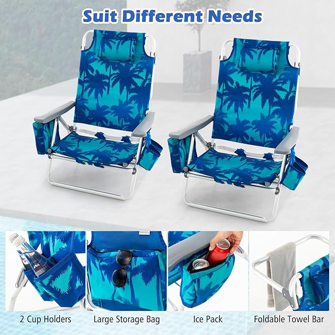 Tangkula Set of 2 Backpack Beach Chair, 5-Position Lightweight Folding Lay Flat Beach Chairs with Cooler Bag, 2 Cup Holders, Towel Bar, Backpack Straps