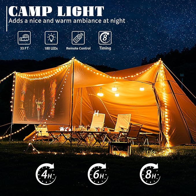 Solar Camping String Lights 130LEDs,33 FT Fairy Lights with 13 Lighting,Portable Waterproof 4 in1 Camping Lantern,Retractable Twinkle Lights for Outdoor Camping Gear Essentials Accessories