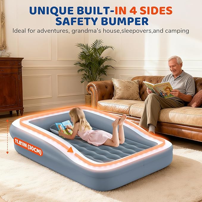 Inflatable Toddler Travel Bed - 64 Inches Grey Kids Air Mattress with Safety Sides & Fast Electric Pump - Portable Toddler Bed for Travel & Camping & Sleeping with Carry Bag