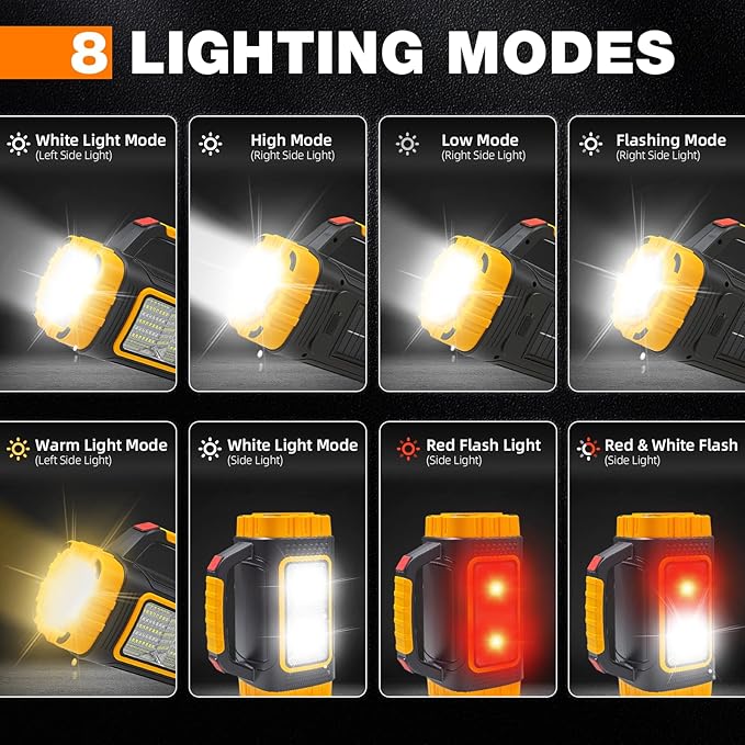 Solar Powered Flashlight Rechargeable, 8 Light Modes 2000mAh Battery 3000 Lumens USB LED Handheld Flashlights, Multi-Function Flashlight for Emergency Spotlight Camping Lantern Hiking (Yellow) 2pcs