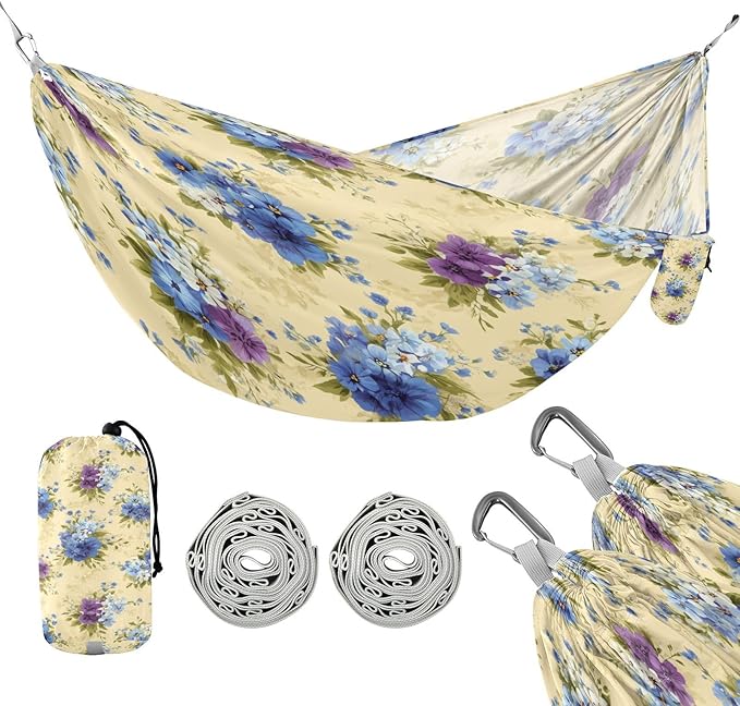 Yellow Background Blue Flower Camping Hammock Single Portable Hammocks 330 lbs Capacity with 2 Tree Straps and Attached Carry Bag,Perfect for Outdoor,Indoor,Beach,Camping,Travel