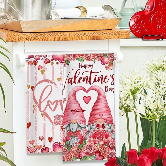 Valentines Day Kitchen Towels, Valentine Towels Set of 2, Gnomes Love Hearts Roses Happy Valentine's Day Hand Dish Tea Towels for Bathroom Housewarming Gifts Decorations for Home (18x28 Inches)