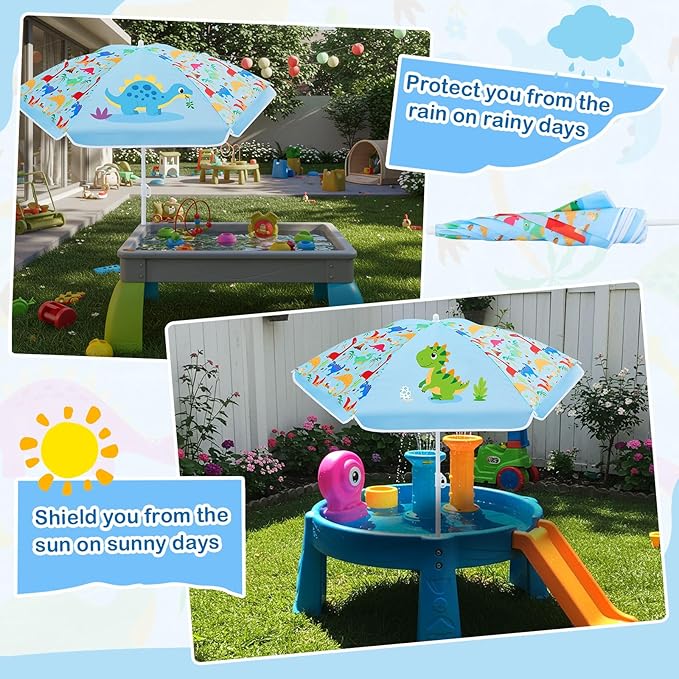 Sweetude Water Table Umbrella (Table Not Included), Kids Seaside Beach Umbrella Picnic Canopy for Summer Toddlers Sand Beach Camping Garden Outdoor Pool Shade Party Supply(Dinosaur Theme)