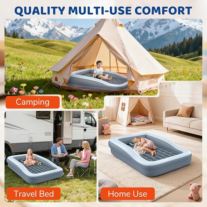 Inflatable Toddler Travel Bed - 64 Inches Grey Kids Air Mattress with Safety Sides & Fast Electric Pump - Portable Toddler Bed for Travel & Camping & Sleeping with Carry Bag