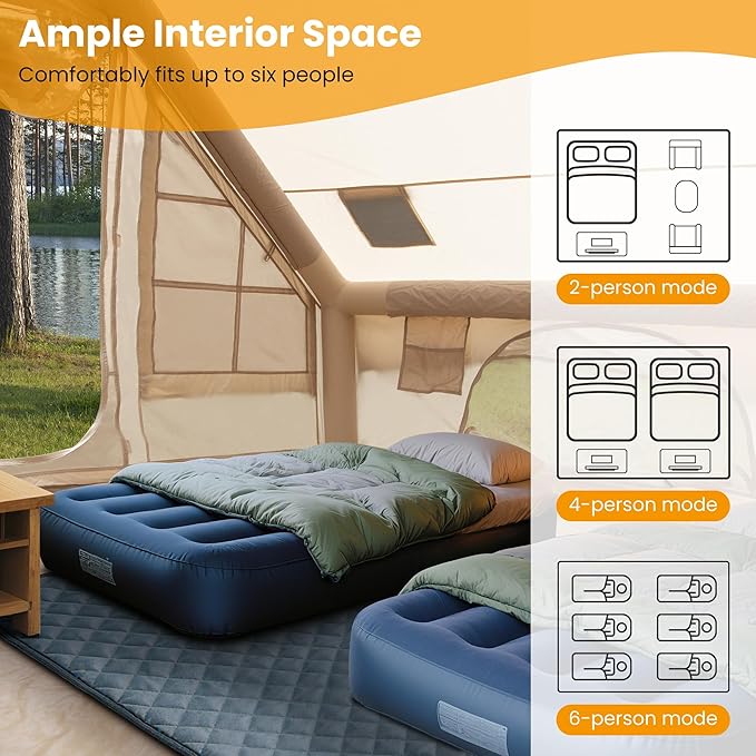WARONE Inflatable Camping Tent with Skylight, Three Minutes Setup,6 Person Capacity, Waterproof Canopy with Mesh Curtains, Stove Window,Mosquito Screen, Air Column Frame, Includes Pump and Stakes