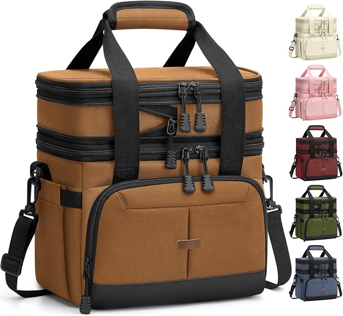 Lunch Box For Men Women Double Deck Insulated Lunch Bag For Men Woman Leakproof Expandable Cooler Bag with Adjustable Shoulder Strap for Work Shool Picnic(Brown,Medium)