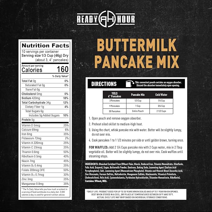 Ready Hour Buttermilk Pancake Mix Case Pack – 50 Servings (5 Pouches) – Emergency Breakfast Supply, Long-Term Food Storage, Prepper Pantry Essentials, Shelf-Stable Breakfast Mix